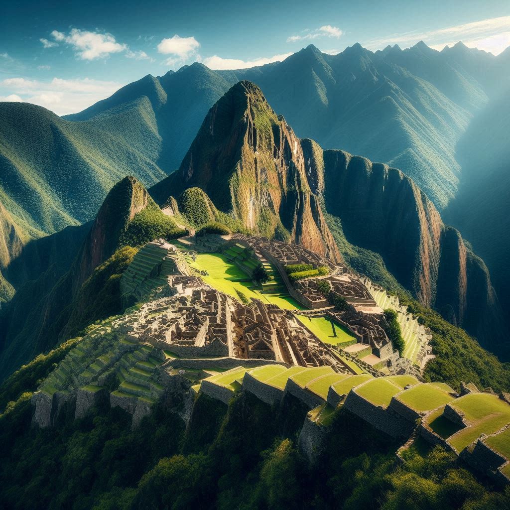 Vista deslumbrante de Machu Picchu, a icónica cidadela Inca situada no alto da Cordilheira dos Andes no Peru, sob um céu azul claro.